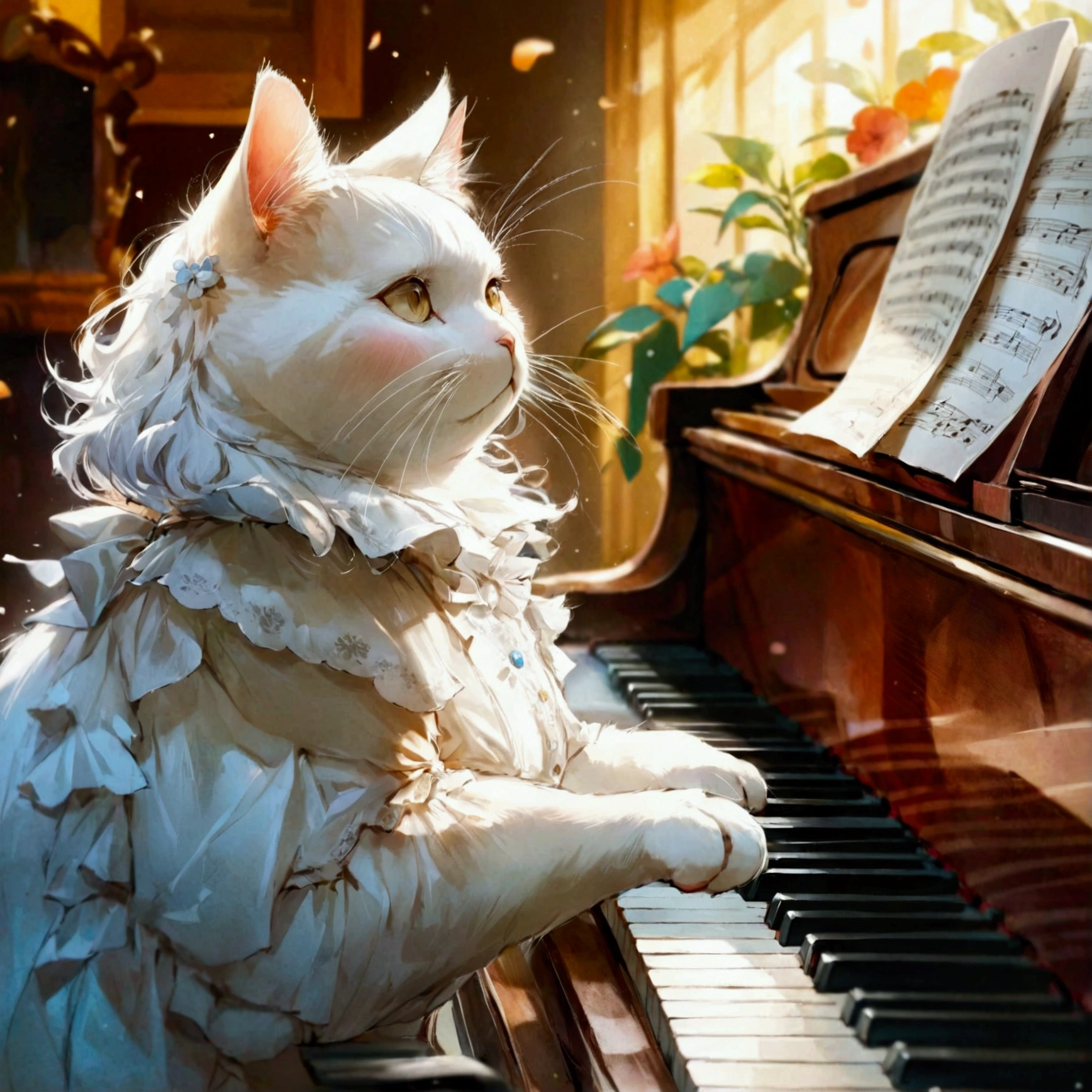 A fat, bipedal white cat plays the piano,anime,ジブリanime