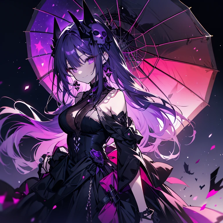 1 girl、Mature、Ample breasts、Long Hair、Purple Hair、Black Dress、Black Mask、Skull Accessories、Shoulder Bare、Slit dress、Starry Sky、Red Umbrella、Skull mark、A seductive smile、Night view、Like a jewel、Cinema Lighting、High resolution、Highest quality