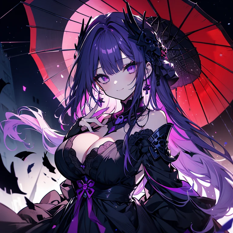 1 girl、Mature、Ample breasts、Long Hair、Purple Hair、Black Dress、Black Mask、Skull Accessories、Shoulder Bare、Slit dress、Starry Sky、Red Umbrella、Skull mark、A seductive smile、Night view、Like a jewel、Cinema Lighting、High resolution、Highest quality