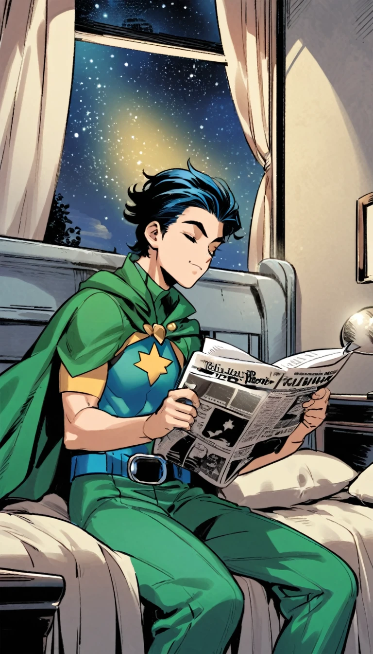 Young Tim Drake Robin dc superhero character in the red/green short sleeved Neal Adams robin costume without no wear cape and mask,
falling asleep reading a Gotham Times newspaper in his bed,
Bruce Wayne (in his civilian clothes) looks from the outside window door in the BG in a starry night.