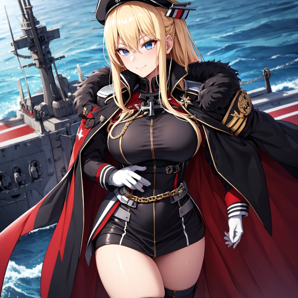 A woman wearing a black military uniform with red details, gold chains on the military uniform, German military aesthetic, golden military shoulder pads, black leather boots, black military hat with details, iron cross on the hat, large breasts, long black fur cape with red details, white gloves, (KMS Bismarck, Azur lane) holding an iron bar with the white flag with the iron cross, standing on a stone platform overlooking the sea, blonde hair, long hair, eyes blue, smiling,UHD, masterpiece, accurate, anatomically correct, textured skin, super detail, high quality, best quality, 8k, high resolution, bokeh effect. ( solo woman),
