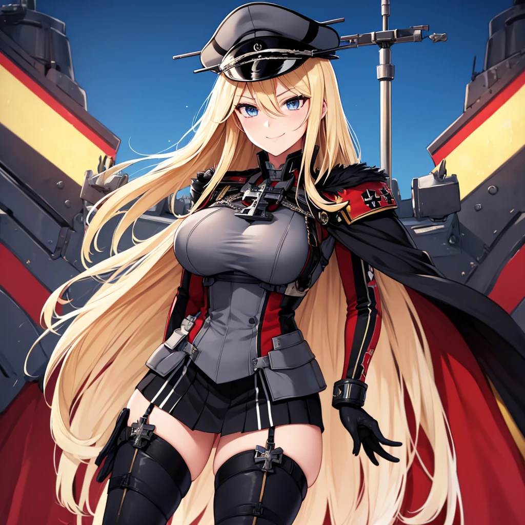 A woman wearing a black military uniform with red details, gold chains on the military uniform, German military aesthetic, golden military shoulder pads, black leather boots, black military hat with details, iron cross on the hat, large breasts, long black fur cape with red details, white gloves, (KMS Bismarck, Azur lane) holding an iron bar with the white flag with the iron cross, standing on a stone platform overlooking the sea, blonde hair, long hair, eyes blue, smiling,UHD, masterpiece, accurate, anatomically correct, textured skin, super detail, high quality, best quality, 8k, high resolution, bokeh effect. ( solo woman),
