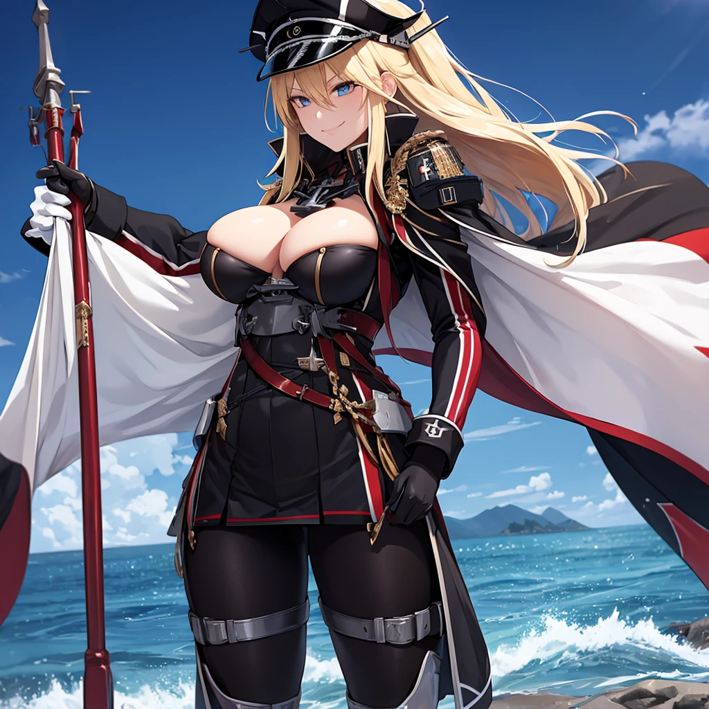 A woman wearing a black military uniform with red details, gold chains on the military uniform, German military aesthetic, golden military shoulder pads, black leather boots, black military hat with details, iron cross on the hat, large breasts, long black fur cape with red details, white gloves, (KMS Bismarck, Azur lane) holding an iron bar with the white flag with the iron cross, standing on a stone platform overlooking the sea, blonde hair, long hair, eyes blue, smiling,UHD, masterpiece, accurate, anatomically correct, textured skin, super detail, high quality, best quality, 8k, high resolution, bokeh effect. ( solo woman),
