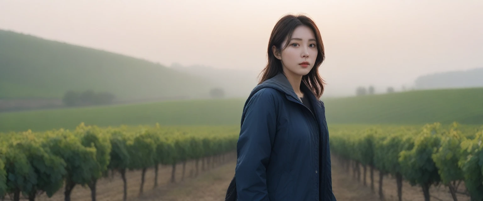 k Best picture quality, Beautiful 36-year-old Korean woman, Chest size 34 inches, The cathedral can be seen through the early morning fog past the vineyards in the Croatian countryside., The back background is realistic and vivid image quality, medium hair, Casual and British - (black windbreaker for summer) ,Perfect and realistic photos, The background is realistic. Full body shot with Canon camera 16-35 wide angle lens, expressionless, Standing on a vineyard hill covered in thick fog