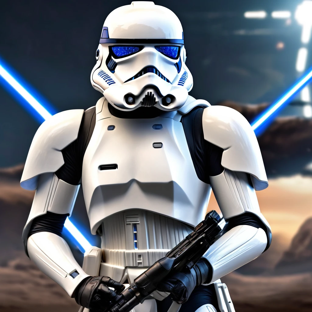 perfect hands, perfect finger,perfect anatomy, masterpiece, best quality,realistic, hyperrealistic, 16k hdr,1 mature female,,white Stormtrooper in Star wars,damaged white full face helmet,damaged white armor,large breasts,(holding blue Light saber:1.2),fighting pose,upper body