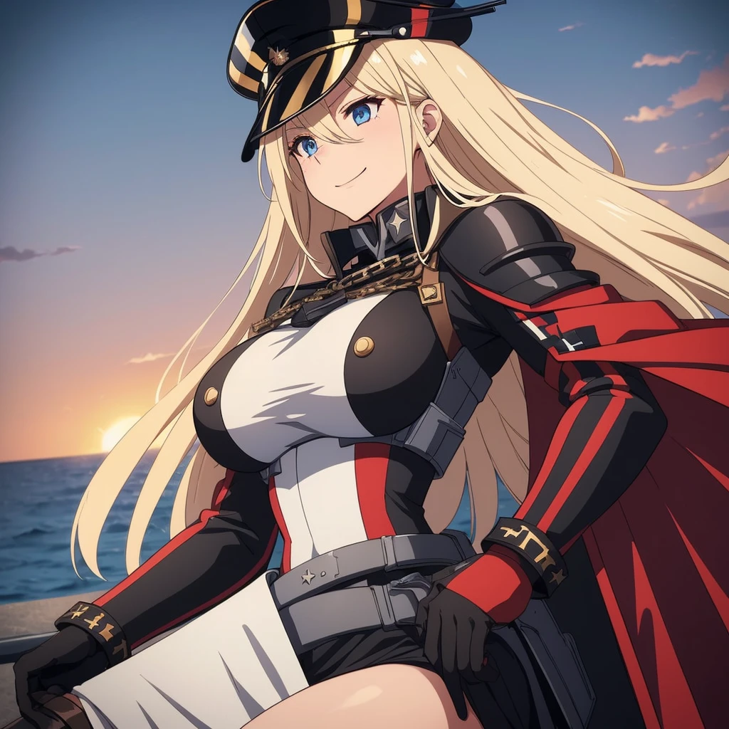 A woman wearing a black military uniform with red details, gold chains on the military uniform, German military aesthetic, golden military shoulder pads, black leather boots, black military hat with details, iron cross on the hat, large breasts, long black fur cape with red details, white gloves, (KMS Bismarck, Azur lane) holding an iron bar with the white flag with the iron cross, standing on a stone platform overlooking the sea, blonde hair, long hair, eyes blue, smiling,UHD, masterpiece, accurate, anatomically correct, textured skin, super detail, high quality, best quality, 8k, high resolution, bokeh effect. ( solo woman),
