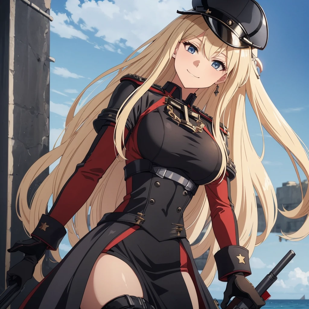 A woman wearing a black military uniform with red details, gold chains on the military uniform, German military aesthetic, golden military shoulder pads, black leather boots, black military hat with details, iron cross on the hat, large breasts, long black fur cape with red details, white gloves, (KMS Bismarck, Azur lane) holding an iron bar with the white flag with the iron cross, standing on a stone platform overlooking the sea, blonde hair, long hair, eyes blue, smiling,UHD, masterpiece, accurate, anatomically correct, textured skin, super detail, high quality, best quality, 8k, high resolution, bokeh effect. ( solo woman),
