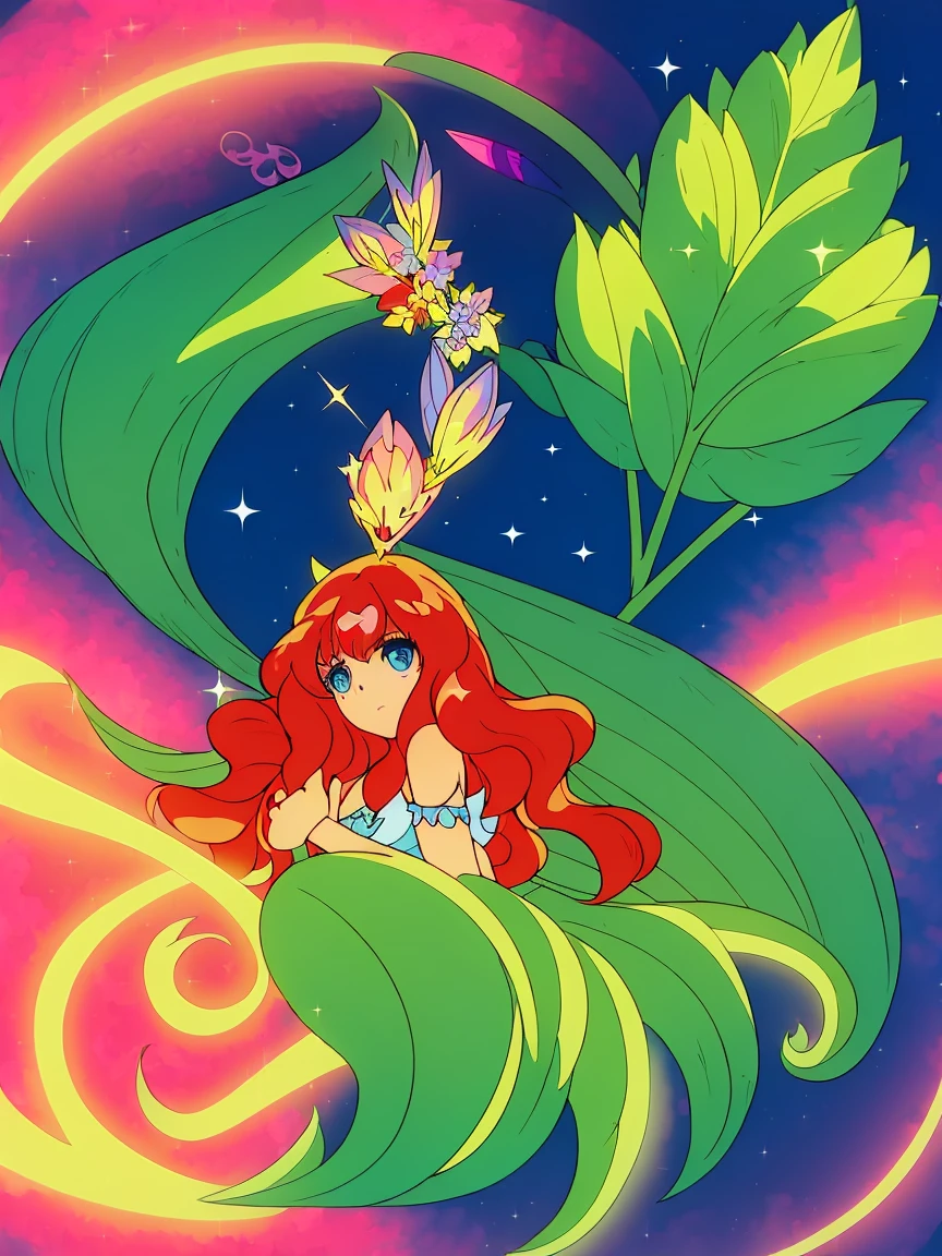 beautiful girl in flowing ballgown dress, (glowing fairy wings), glowing flowing ballgown, long wavy hair, sparkling fairy wings, watercolor illustration, flowers and colorful plants, inspired by Glen Keane, inspired by Lois van Baarle, disney art style, by Lois van Baarle, glowing aura around her, by Glen Keane, Itsuki Nakano, long fluffy red hair, blue eyes, nakano_itsuki, jen bartel, glowing lights! digital painting, flowing glowing hair, glowing flowing hair, star hairclips, 5-pointed star hairclips, beautiful digital illustration, fantasia otherworldly landscape plants flowers, beautiful, masterpiece, best quality, anime disney style