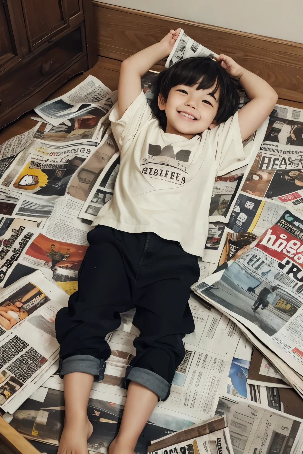 full-body portrait, boy  lying down, surrounded by crumpled newspapers, round soft face, large round eyes, black pupils, drooping kind eyes, smiling with small mouth, equal thickness lips, soft impression, short black straight hair, long bangs, light brown skin, casual comfortable clothing, laughing, joyful relaxed atmosphere, scattered newspapers background, playful environment
