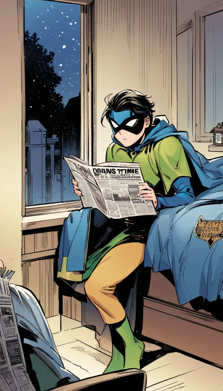 Young Tim Drake Robin dc superhero character in the red/green short sleeved Neal Adams robin costume without no wear cape and mask,
falling asleep reading a Gotham Times newspaper in his bed,
Bruce Wayne (in his civilian clothes) looks from the outside window door in the BG in a starry night.
