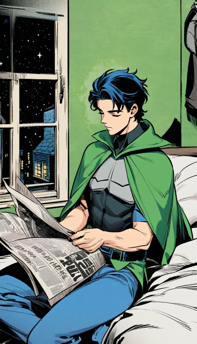 Young Tim Drake Robin dc superhero character in the red/green short sleeved Neal Adams robin costume without no wear cape and mask,
falling asleep reading a Gotham Times newspaper in his bed,
Bruce Wayne (in his civilian clothes) looks from the outside window door in the BG in a starry night.