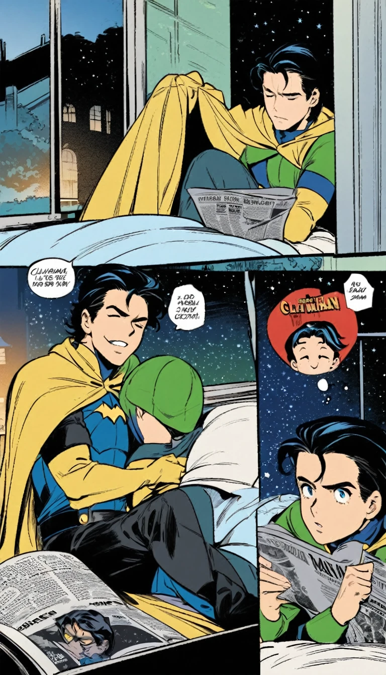 Young Tim Drake Robin dc superhero character in the  red/green short sleeved Neal Adams robin costume without no wear cape and mask, 
falling asleep reading a Gotham Times newspaper in his bed, 
Bruce Wayne (in his civilian clothes) looks from the outside window door in the BG in a starry night.