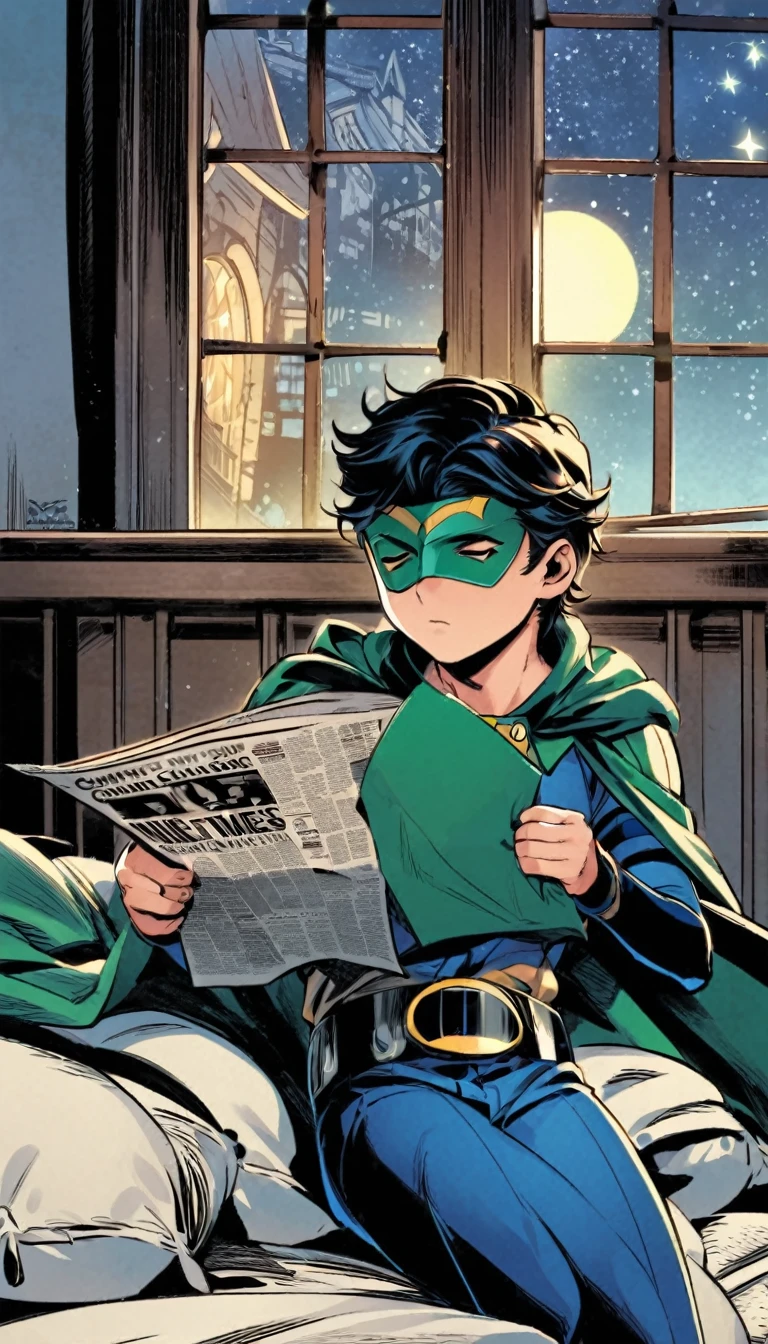 Young Tim Drake Robin dc superhero character in the  red/green short sleeved Neal Adams robin costume without no wear cape and mask, 
falling asleep reading a Gotham Times newspaper in his bed, 
Bruce Wayne (in his civilian clothes) looks from the outside window door in the BG in a starry night.