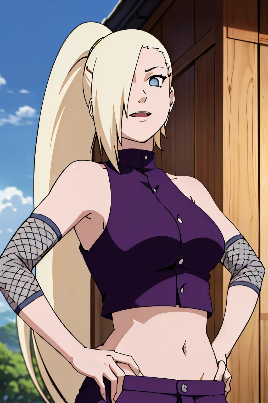 (hands on hips), Ino yamanaka, looking at the viewer, from below, ultra detailed face, sunny day, day time, upper body view, anime style, solo, detailed home, blonde, (purple clothes), ((one eye covered with hair, hair over eye)), medium breasts, belly button, looking at the viewer, thick arms, (off-shoulders, wide shoulders, curving body), hidden eye, smile, open mouth, very happy, tall, hair clip, sharp look, sharp face, sharp eye, cold colors,
