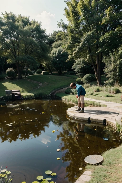 Boy throwing coins into a pond in anime