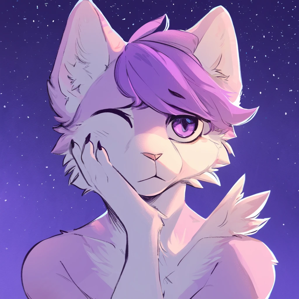 adult, feline, mammal, anthro, anthropomorphic, cat, striped, fur, striped_feline, fur, male, light_purple, purple_hair, fluffy, white, white_chest, shy, small_pupils, digital_art, high_resolution, high_res, hand-drawn, pencil_lines, head_visible, background, neck_visible, seductive_face, detailed_line_work, profile_picture, head_visible, neptune_background, purple_background, cute, white, posing, finger_paws, dream_pose, headshot, head_only
