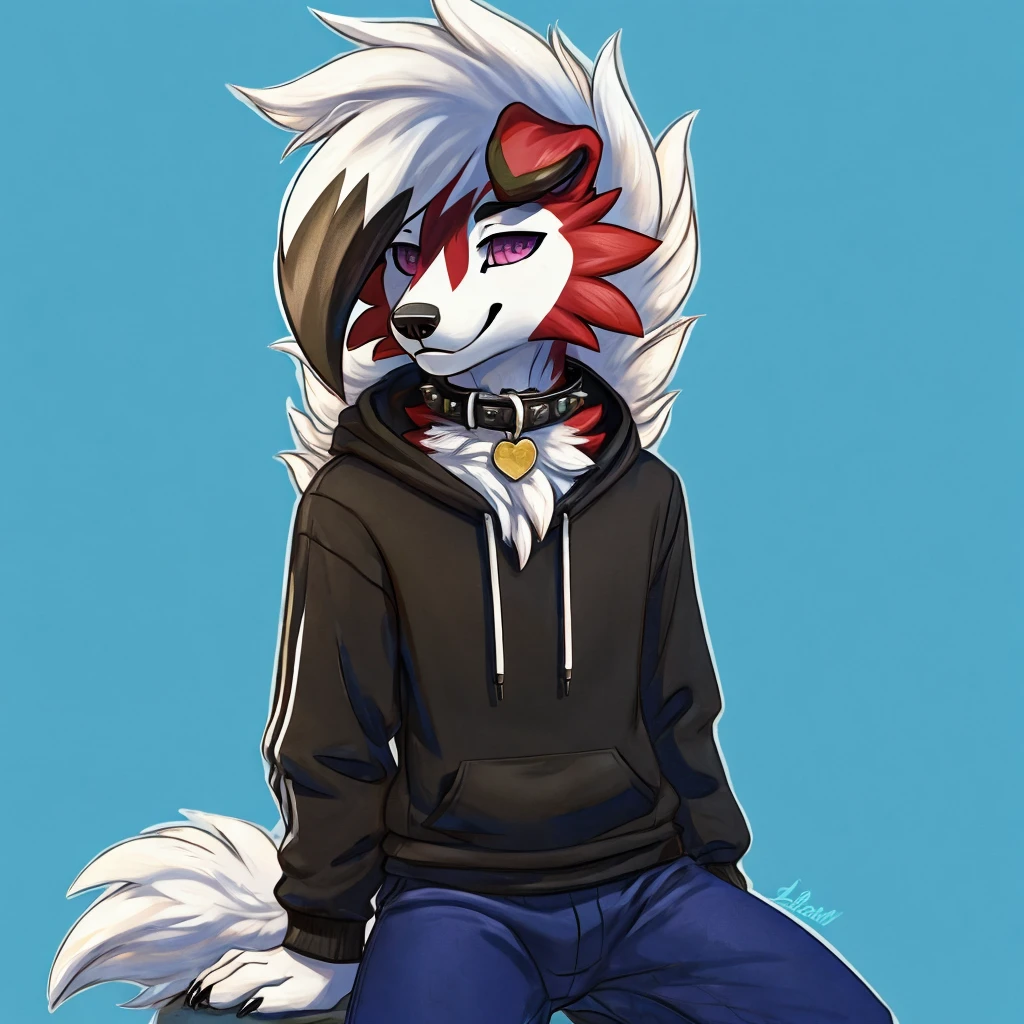 A blue and white Midnight femboy lycanroc wearing a black sweatshirt and blue pants and white socks with black stripes and a gold dog collar on the neck and with bracelets on the arms