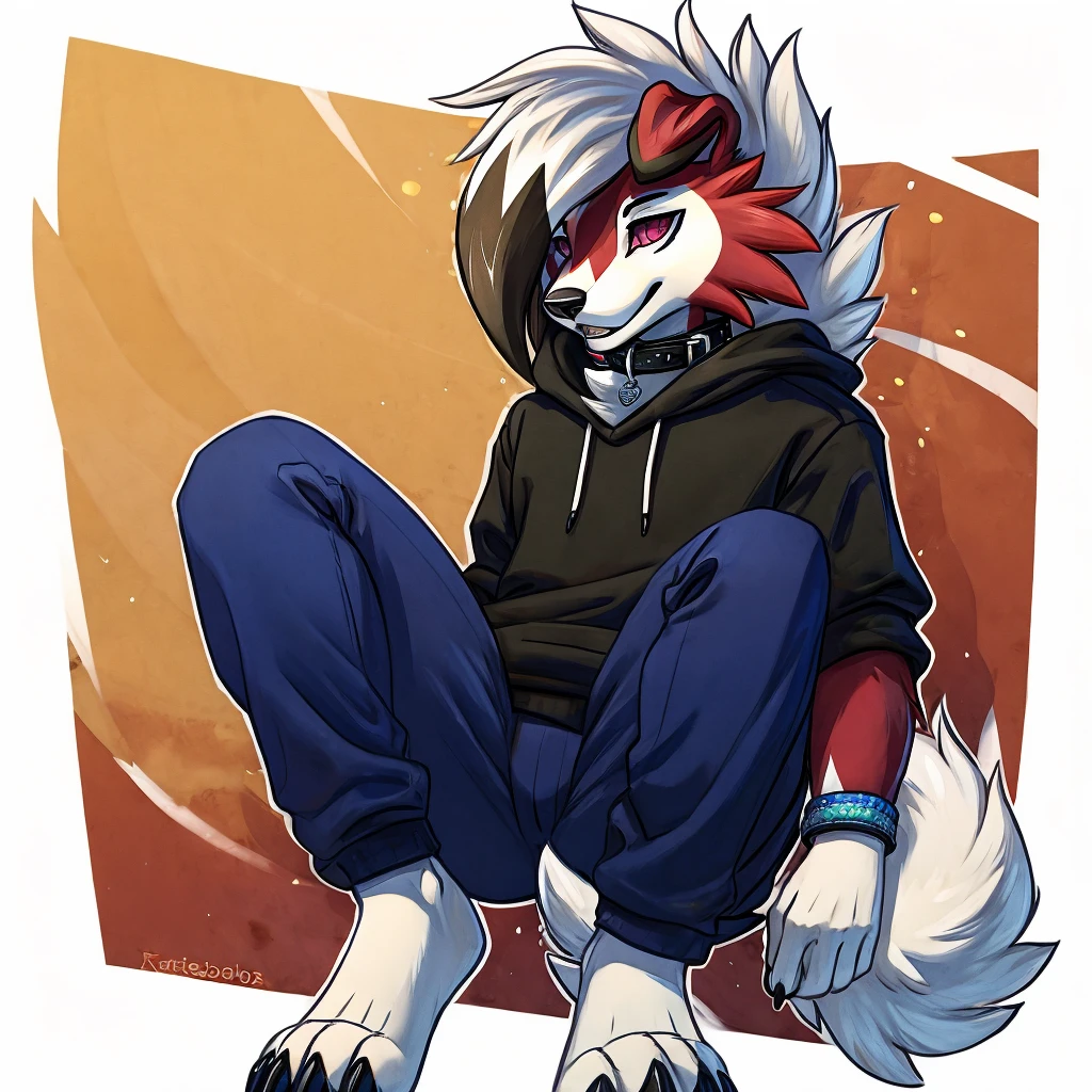 A blue and white Midnight femboy lycanroc wearing a black sweatshirt and blue pants and white socks with black stripes and a gold dog collar on the neck and with bracelets on the arms