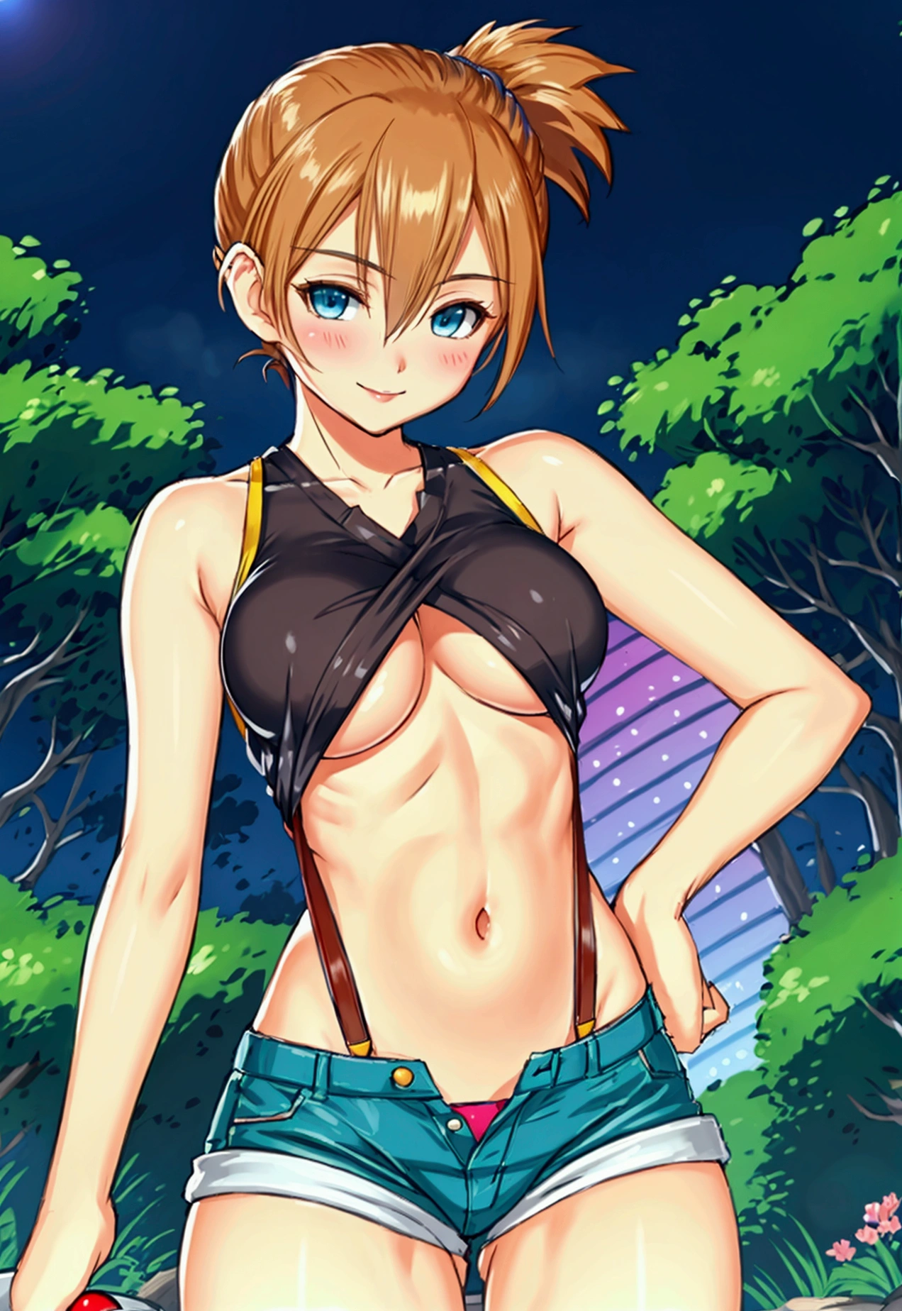from front,from front,pov,Dutchangle,soro focus.straight-on,(upperbody:1),(finely detail ,best quality, ultra detailed),superfineillustration,anime studio,highly detailed, (detailed background, complex background:1.2), (perfect face, detailed face), full-face blush, (smile, happy), (milf, mature girl) misty_(pokemon), short hair,side ponytail, looking at viewer, smile, blush, navel, shorts, blue eyes, (suspenders), shirt, crop top,beautiful abs,(beautiful under_boob), midriff, short shorts, medium breasts,(beautiful body),(skiny skin).(). (outdoors, garden, thighs,standing),depth of field,holding pokeball,simplebackground,whitebackground
,misty_(pokemon),
