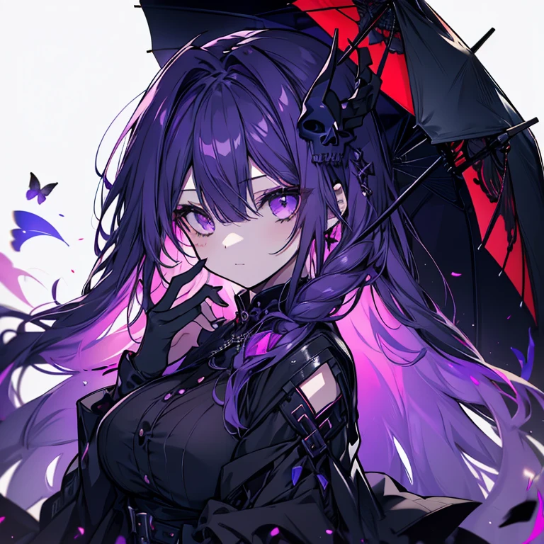 1 girl、Mature、Ample breasts、Long Hair、Purple Hair、Black Dress、Black Mask、Skull Accessories、Long sleeve、See-through sleeves、Slit dress、Starry Sky、Red Umbrella、Skull mark、Black Mask、Alluring、Night view、Like a jewel、Cinema Lighting、High resolution、Highest quality