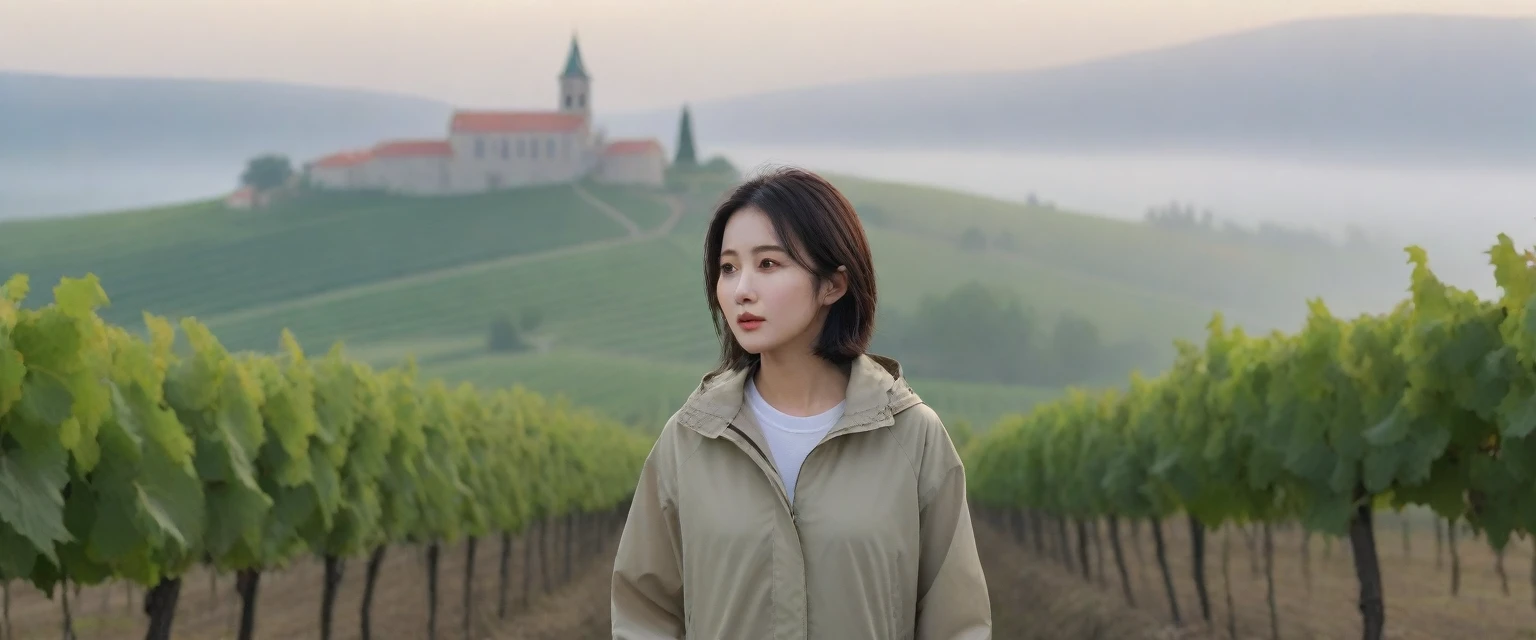 8k best picture quality, Beautiful 36-year-old Korean woman, Chest size 34 inches, The cathedral can be seen through the early morning fog past the vineyards in the Croatian countryside., The back background is realistic and vivid image quality, medium hair, Casual and British - (Beige windbreaker for summer) ,Perfect and realistic photos, The background is realistic. Full body shot with Canon camera 16-35 wide angle lens, expressionless, Standing on a vineyard hill covered in thick fog
