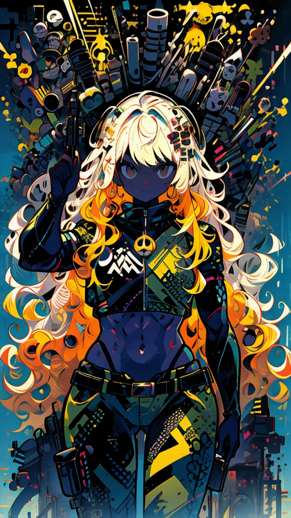 woman, mocking pose, bullet belt crossing her torso, carries a rifle on her back, camouflage pants, golden hair, broken muscles, dark skin, curly hair, sculptural body, Amazon jungle background, high definition, RTX lighting, Full body focus, bandit expression.