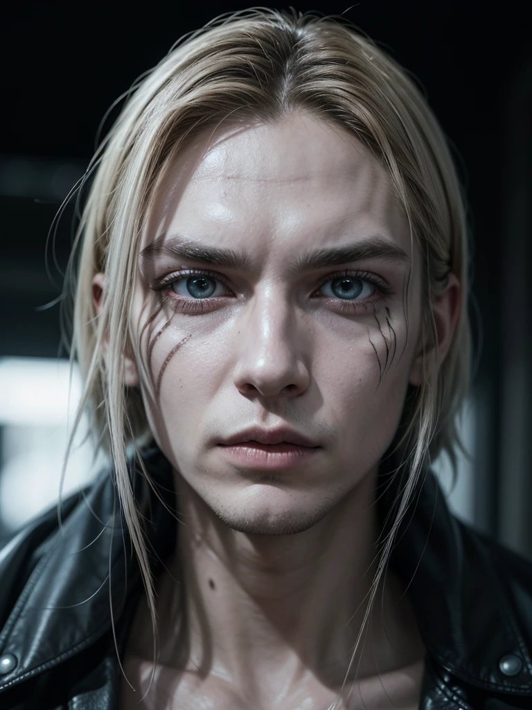 man characterized as Erick Draven in the film The Crow, highly detailed white makeup, highly detailed image, highly detailed eyes and hair, gothic art, dark art, ultra realistic, 8k