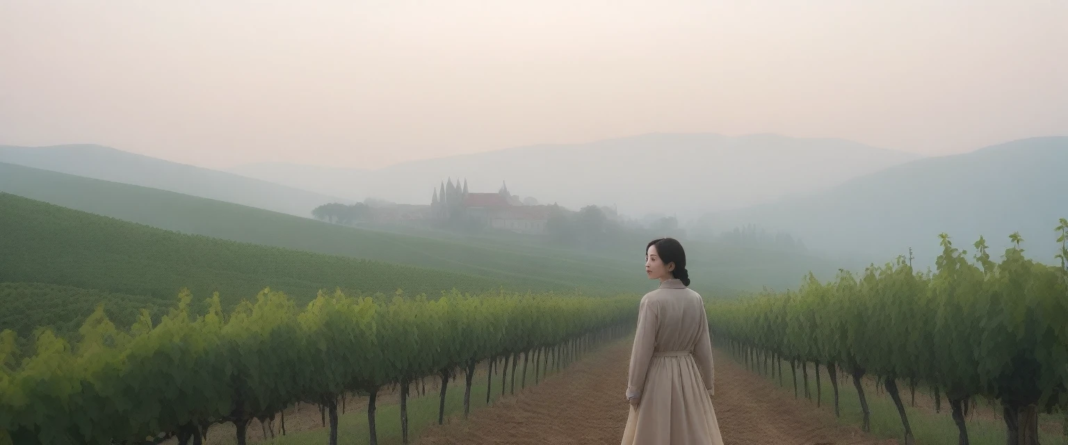 8k best picture quality, Beautiful 36-year-old Korean woman, Chest size 34 inches, The cathedral can be seen through the early morning fog past the vineyards in the Croatian countryside., The back background is realistic and vivid image quality, medium hair, Casual and British - (Beige windbreaker for summer) ,Perfect and realistic photos, The background is realistic. Full body shot with Canon camera 16-35 wide angle lens, expressionless, Standing on a vineyard hill covered in thick fog