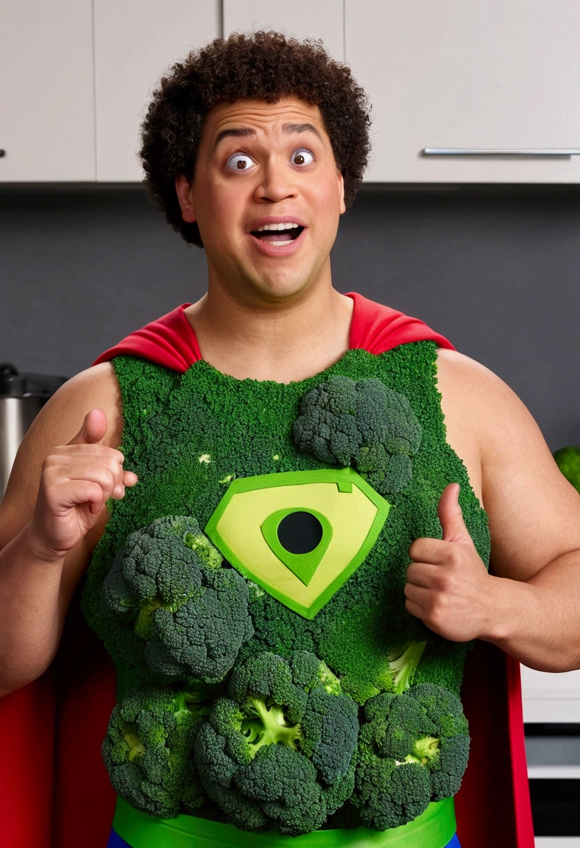 Image of a light-skinned man giving weight loss tips on YouTube in Pixar format, He&#39;s a hero He&#39;s the leader of the class, He is extroverted, Playful and wears a superhero outfit with a broccoli symbol on his chest.