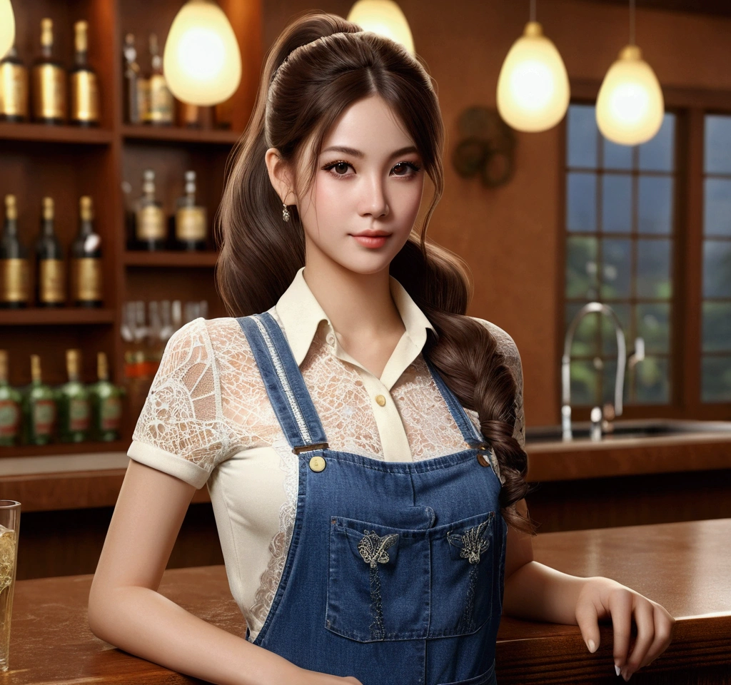 a photo by pho3b3cat3s, beautiful woman, ((24 years old)), bar, lingerie, denim overalls, 1970s, Retro, long wavy ponytail, (Masterpiece), (Extremely detailed CG unity 8k wallpaper), intricate, ((photorealistic)),