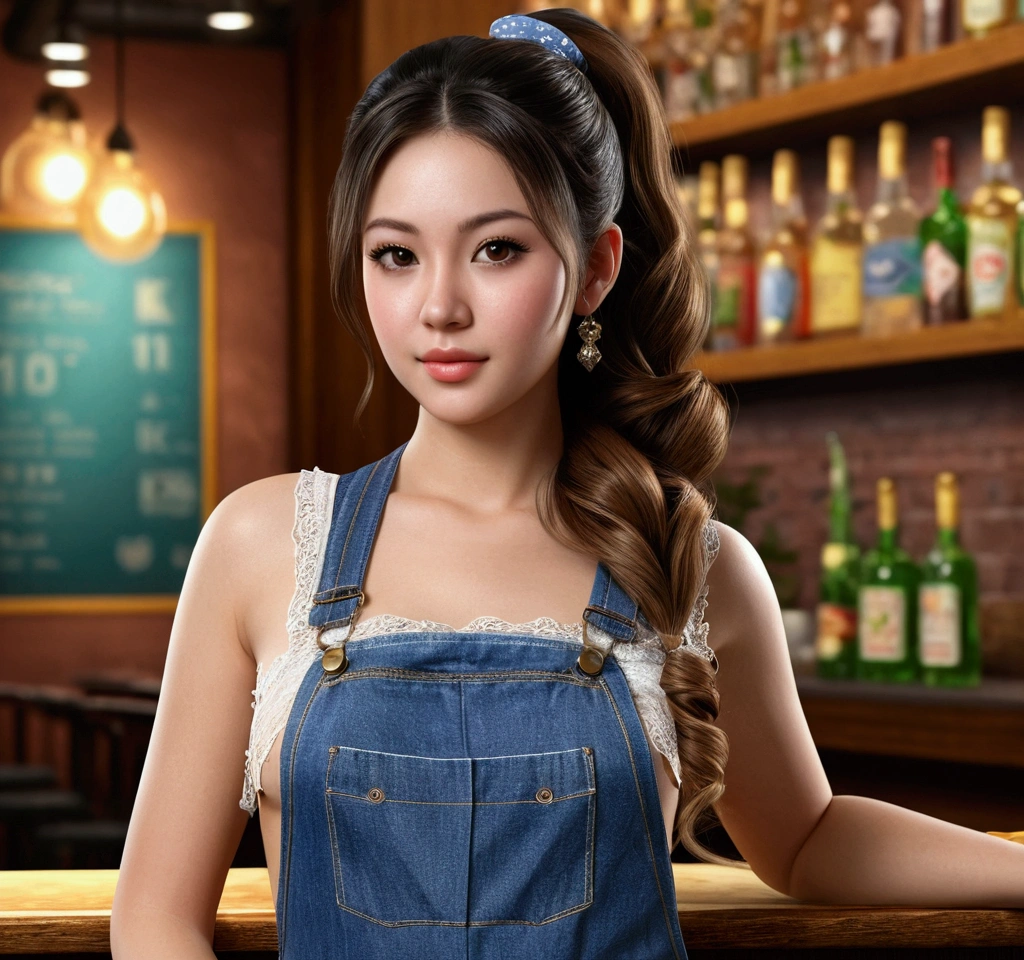 a photo by pho3b3cat3s, beautiful woman, ((24 years old)), bar, lingerie, denim overalls, 1970s, Retro, long wavy ponytail, (Masterpiece), (Extremely detailed CG unity 8k wallpaper), intricate, ((photorealistic)),