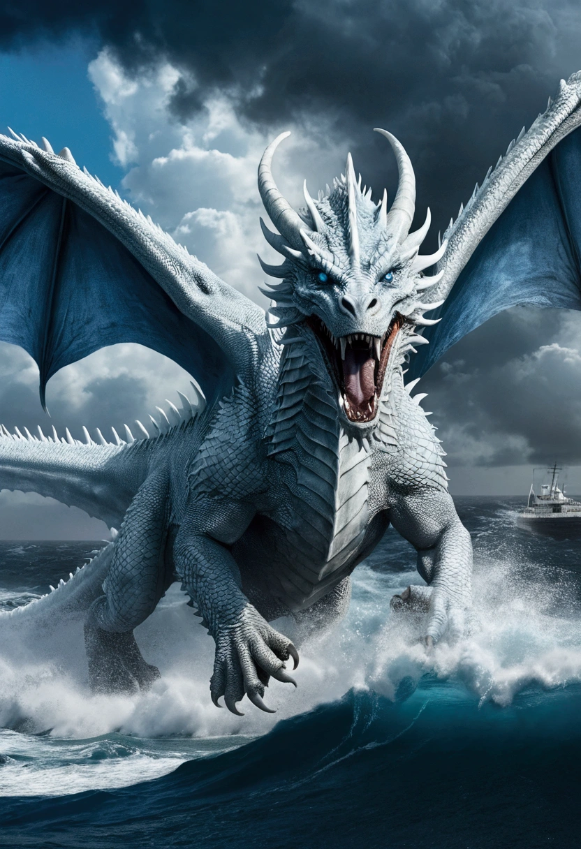 Game of thrones style white dragon，ferocious，gargantuan，The eyes glow with blue light，flying over a ship, in the sea，huge waves，surrounded by cloud，medium shot the scene is，Full body like， highly detailed surreal vfx，oc rendered， - AR 16:9 --q 2 --s 1000