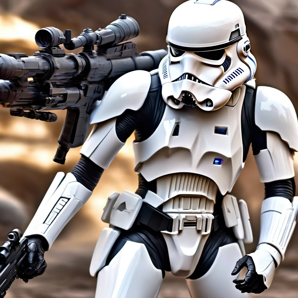 perfect hands, perfect finger,perfect anatomy, masterpiece, best quality,realistic, hyperrealistic, 16k hdr,1 mature female,,white Stormtrooper in Star wars,damaged white full face helmet,damaged white armor,large breasts,(rifle:1.2),fighting pose,upper body