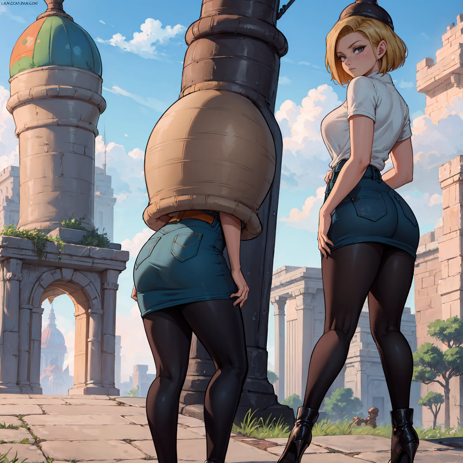 masterpiece, best quality, tailvore, larvastd, 1girl, android 18. dragon ball, botw, ass focus, (denim skirt, black pantyhose, white paints), sky