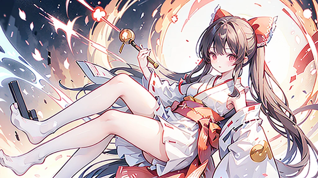 The image shows a young woman with long, raven hair tied up in twin buns. Her eyes are dark red, and she has a small, pointed nose and a delicate mouth. She is wearing a red and white shrine maiden's outfit, with a red haori (kimono jacket) over a white kosode (kimono undergarment). She is also wearing red hakama (loose trousers) and white tabi (socks). She is holding a gohei (Shinto purification wand) in her right hand and a red ribbon wand in her left hand.
Character Description
The young woman in the image is Reimu Hakurei, the protagonist of the Touhou Project multimedia franchise. She is the shrine maiden of the Hakurei Shrine, located at the foot of Gensokyo Mountain, a magical realm separated from the human world. Reimu is known for her carefree and somewhat mischievous personality, as well as her powerful magical abilities. She is often called upon to resolve incidents involving youkai (spirits) and other supernatural creatures.
Physical Appearance
Hair: Reimu has long, raven hair that she typically ties up in twin buns. Her hair is sometimes depicted as being slightly wavy or curly.
Eyes: Reimu's eyes are a bright shade of red.
Face: Reimu has a small, pointed nose and a delicate mouth. She is often described as being quite attractive.
Body: Reimu is a slender young woman of average height. She is often depicted as being physically fit and athletic.
Clothing
Reimu's typical attire consists of a red and white shrine maiden's outfit. The haori is a short, open jacket that is worn over the kosode, which is a long, flowing kimono undergarment. The hakama are loose trousers that are worn over the kosode, and the tabi are white socks that are worn with sandals. Reimu also wears a red ribbon tied around her waist.
Personality
Reimu is a carefree and somewhat mischievous young woman. She is often described as being lazy and unmotivated, but she is also quick to take action when necessary. Reimu is also fiercely loyal to her friends and family.