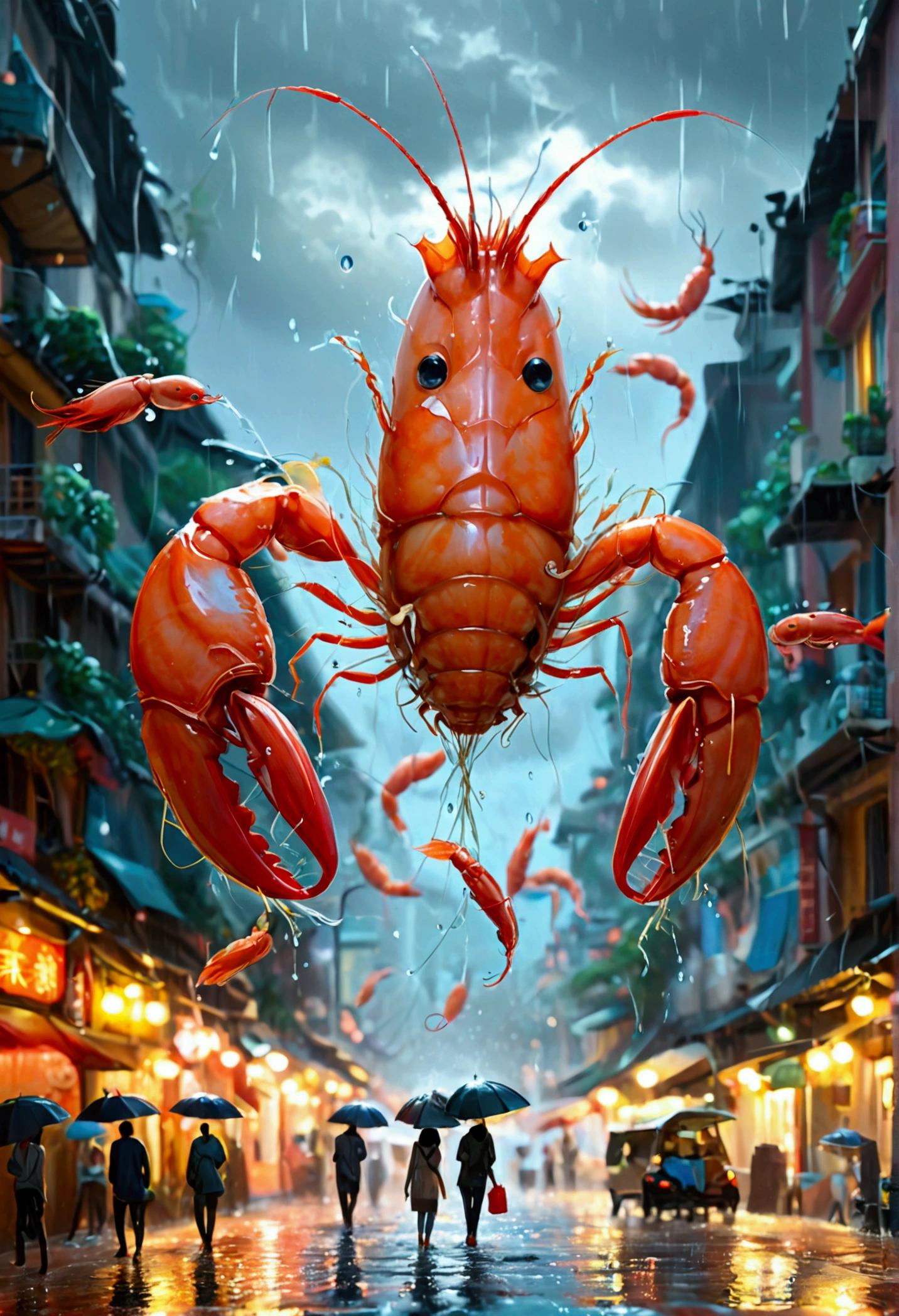 Create an illustration that meets the following criteria: - Shrimp are falling from the sky -On the ground, people are walking around with nets to protect against shrimp instead of umbrellas. - A heavy rain warning has been issued, but a large shrimp warning has been issued.