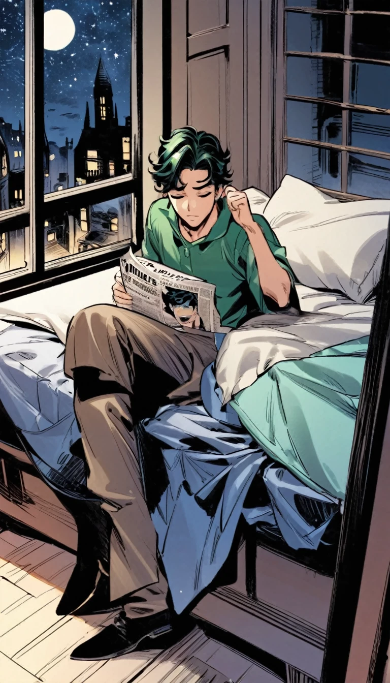 Young Tim Drake Robin dc superhero character in the OG  red/green short sleeved Neal Adams robin costume without no wear cape and mask, 
falling asleep reading a Gotham Times newspaper in his bed, 
Bruce Wayne (in his civilian clothes) looks from the outside window door in the BG in a starry night.