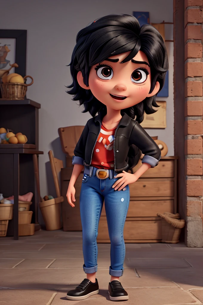 Funnily film character, disney pixar style,3d,with black hair, eyes black,jeans passionate expression, brunette skin