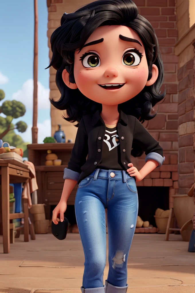 Funnily film character, disney pixar style,3d,with black hair, eyes black,jeans passionate expression, brunette skin