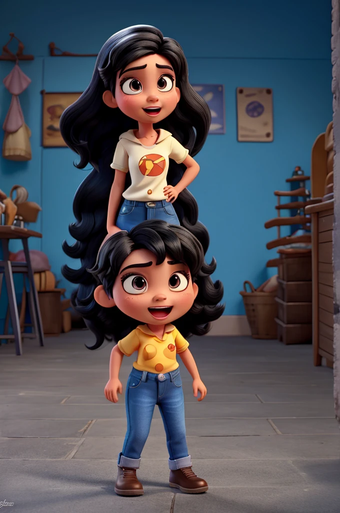 Funnily film character, disney pixar style,3d,with black hair, eyes black,jeans passionate expression, brunette skin