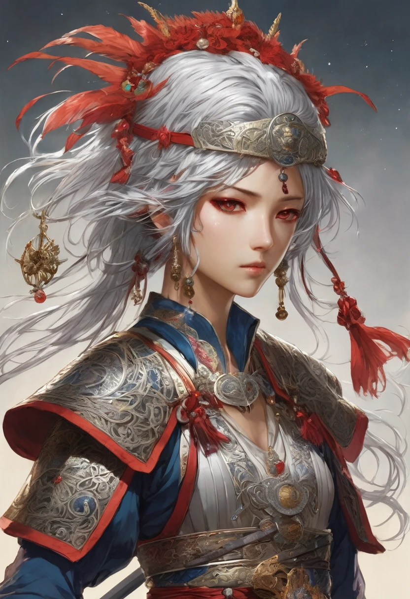 Create illustrations of fantasy characters inspired by Yoshitaka Amano's art style. The character must have piercing eyes, silver hair, and wear a colorful headband decorated with various small ornaments and beads. The character holds a detailed and ornate red sword with a unique design, which he holds out in front of his face in a dramatic pose. They should wear a combination of light armor and flowing, elaborate clothing. The overall style should be complex with delicate linework and watercolor-like textures.