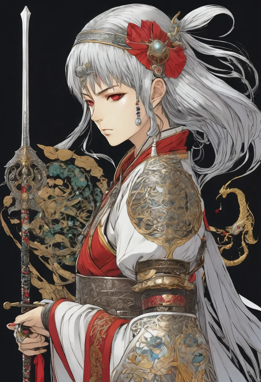 Create illustrations of fantasy characters inspired by Yoshitaka Amano's art style. The character must have piercing eyes, silver hair, and wear a colorful headband decorated with various small ornaments and beads. The character holds a detailed and ornate red sword with a unique design, which he holds out in front of his face in a dramatic pose. They should wear a combination of light armor and flowing, elaborate clothing. The overall style should be complex with delicate linework and watercolor-like textures.