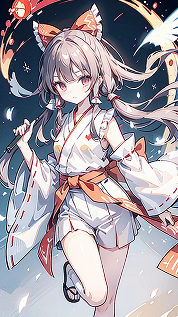 The image shows a young woman with long, raven hair tied up in twin buns. Her eyes are dark red, and she has a small, pointed nose and a delicate mouth. She is wearing a red and white shrine maiden's outfit, with a red haori (kimono jacket) over a white kosode (kimono undergarment). She is also wearing red hakama (loose trousers) and white tabi (socks). She is holding a gohei (Shinto purification wand) in her right hand and a red ribbon wand in her left hand. Character Description The young woman in the image is Reimu Hakurei, the protagonist of the Touhou Project multimedia franchise. She is the shrine maiden of the Hakurei Shrine, located at the foot of Gensokyo Mountain, a magical realm separated from the human world. Reimu is known for her carefree and somewhat mischievous personality, as well as her powerful magical abilities. She is often called upon to resolve incidents involving youkai (spirits) and other supernatural creatures. Physical Appearance Hair: Reimu has long, raven hair that she typically ties up in twin buns. Her hair is sometimes depicted as being slightly wavy or curly. eyes: Reimu's eyes are a bright shade of red. Face: Reimu has a small, pointed nose and a delicate mouth. She is often described as being quite attractive. Body: Reimu is a slender young woman of average height. She is often depicted as being physically fit and athletic. Clothing Reimu's typical attire consists of a red and white shrine maiden's outfit. The haori is a short, open jacket that is worn over the kosode, which is a long, flowing kimono undergarment. The hakama are loose trousers that are worn over the kosode, and the tabi are white socks that are worn with sandals. Reimu also wears a red ribbon tied around her waist. Personality Reimu is a carefree and somewhat mischievous young woman. She is often described as being lazy and unmotivated, but she is also quick to take action when necessary. Reimu is also fiercely loyal to her friends and family.
Chibi Character、Solid color background