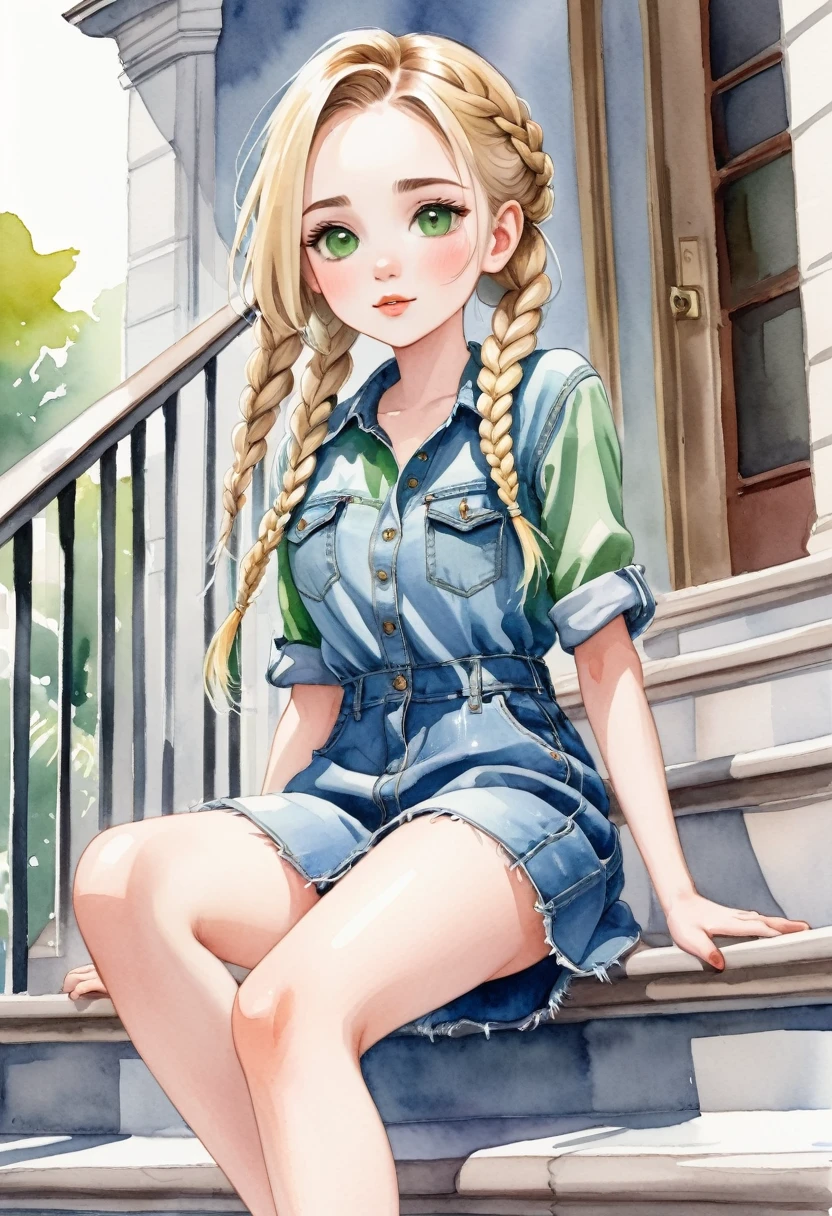 watercolor drawing, a beautiful with blonde hair and green eyes, She wears denim dress, she wears braids in her hair, she is sitting on a stair railing, legs open, she seems to be having fun showing her panties