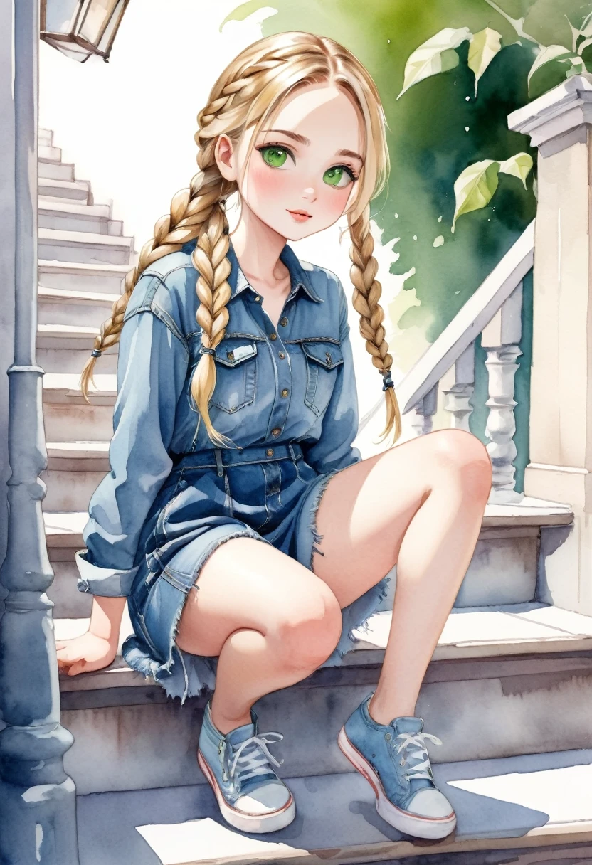 watercolor drawing, a beautiful with blonde hair and green eyes, She wears denim dress, she wears braids in her hair, she is sitting on a stair railing, legs open, she seems to be having fun showing her panties