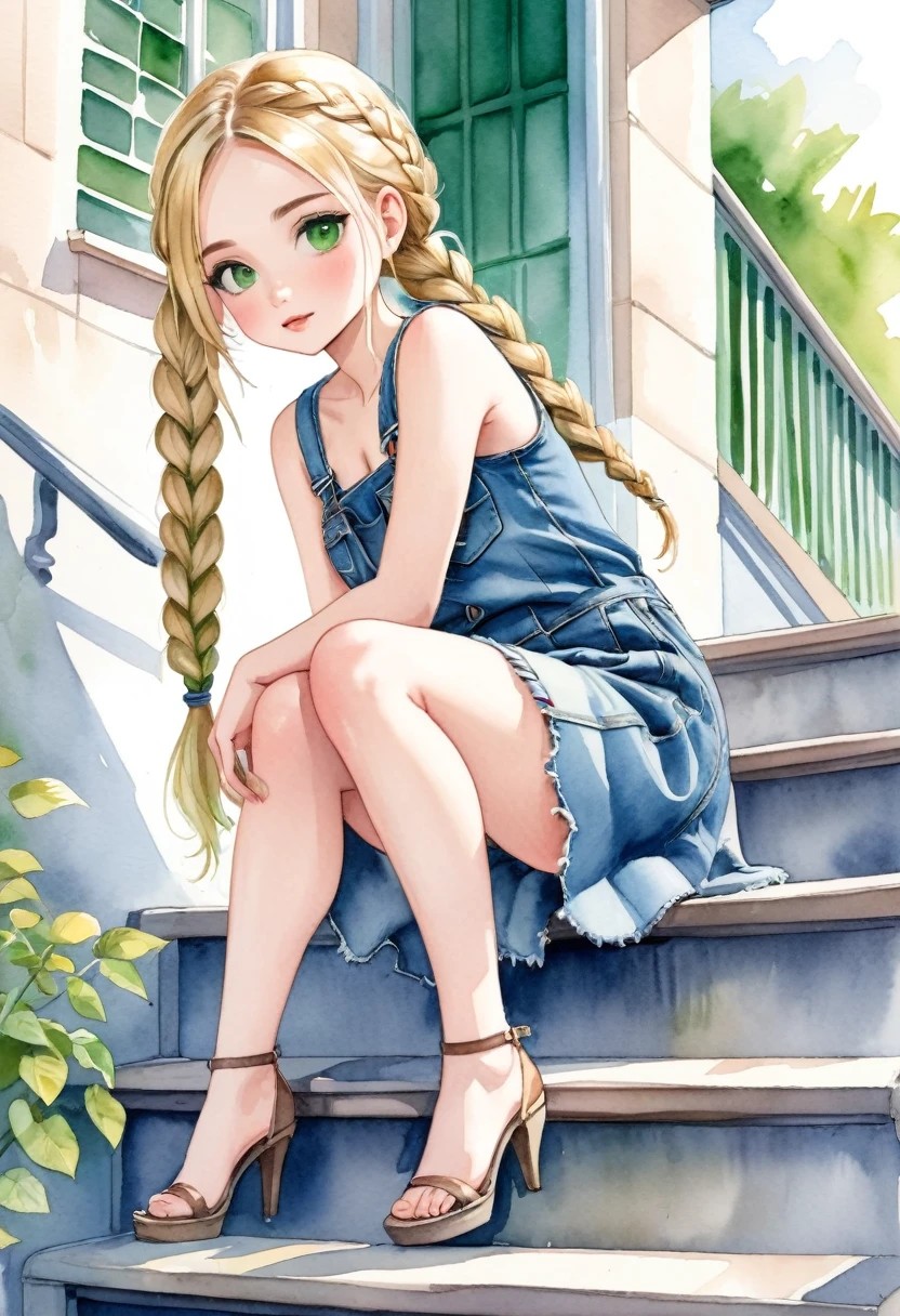 watercolor drawing, a beautiful with blonde hair and green eyes, She wears denim dress, she wears braids in her hair, she is sitting on a stair railing, legs open, she seems to be having fun showing her panties