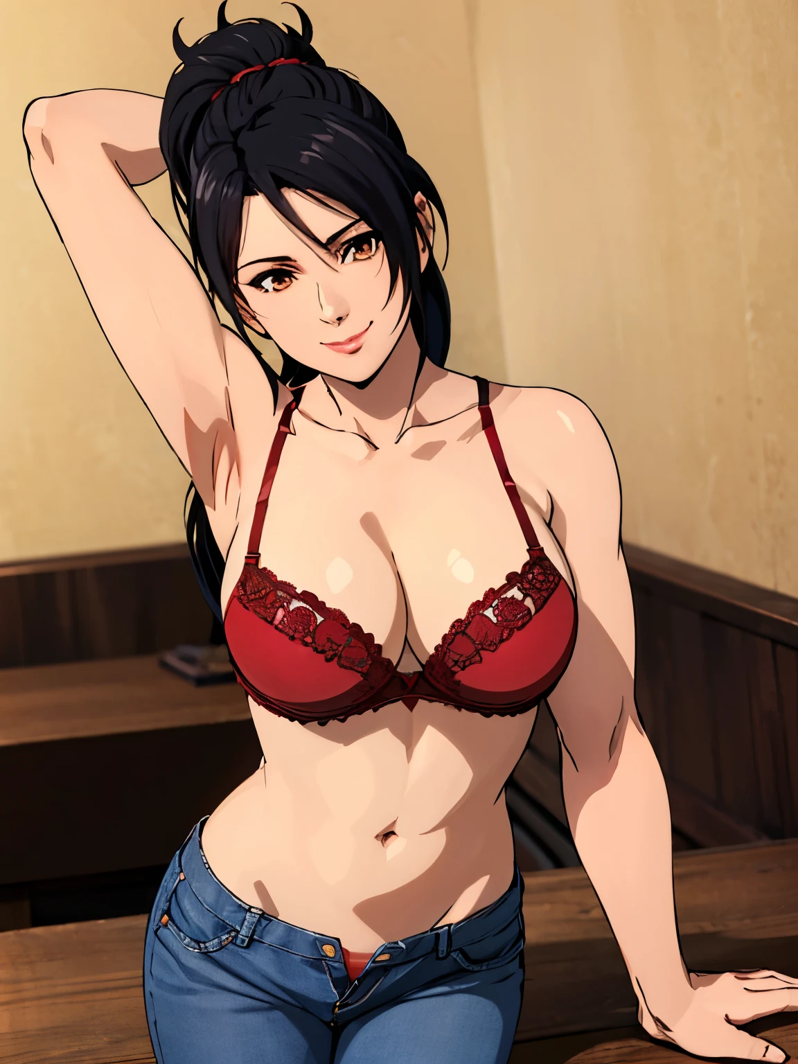 lying:1.6, red strip bra, short jeans, home background, momiji, anime cels style, best quality, high resolution, 1girl, (big breasts:1.0), beautiful face, ponytail, black hair, long hair, long hair, little biceps, long belly, brown eyes, cowboy shot, light smile, red lipstick, stretching