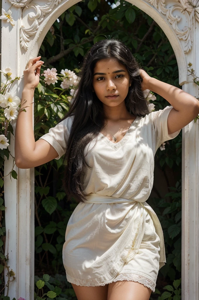The image depicts a 15-year-old Indian tamil girl with white skin and long black hair, 29-year-old Indian kerala boy with medium white skin and short black hair striking a pose in a studio white backdrop. The scene is captured in ultra-high quality, with intricate detailing and vibrant colors enhancing the fairy tale style of the portrait. The lighting is soft and ethereal, illuminating the girl's features and the colorful flowers surrounding her. The composition is carefully framed to showcase the girl's beauty and the enchanting atmosphere of the garden, creating a mesmerizing and dream-like image.