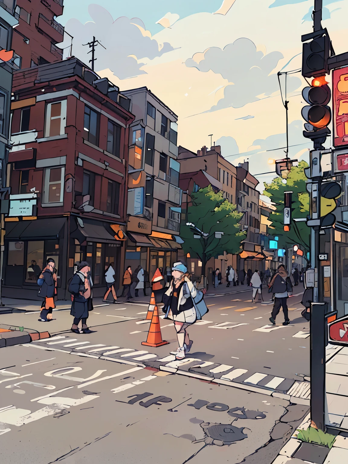 people crossing the street in a city with a traffic cone, 4 0 9 6, montreal, 2029, 2030, vibrant scene, video, typical, 2025, complex scene, 2070, bustling, 2 0 7 7, 2077, by Clément Serveau
