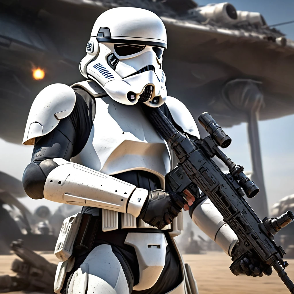 perfect hands, perfect finger,perfect anatomy, masterpiece, best quality,realistic, hyperrealistic, 16k hdr,1 mature female,,white Stormtrooper in Star wars,damaged white full face helmet,damaged white armor,large breasts,(rifle:1.2),fighting pose,upper body,space ship